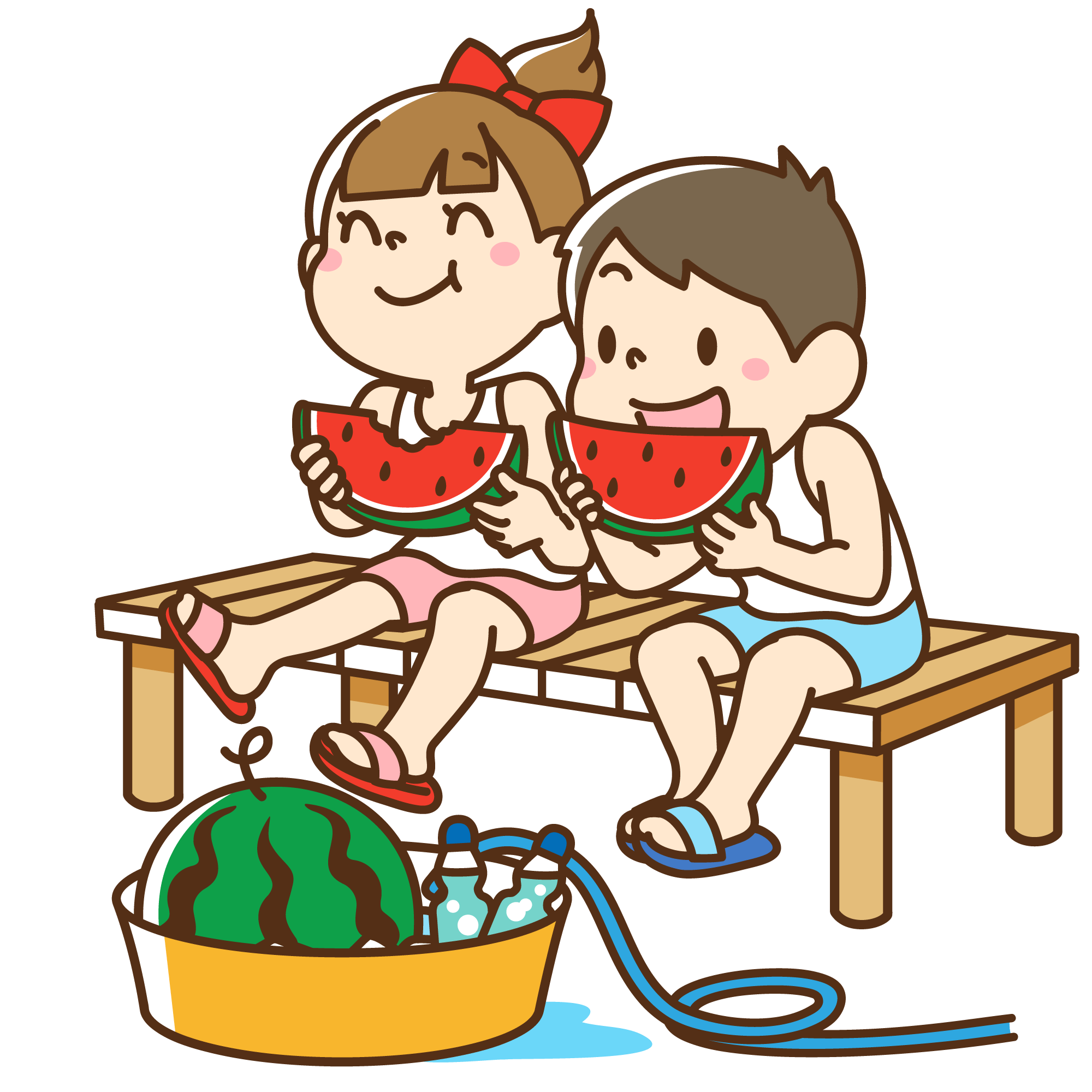 縁側で冷やしたスイカを食べる男女の子供たち